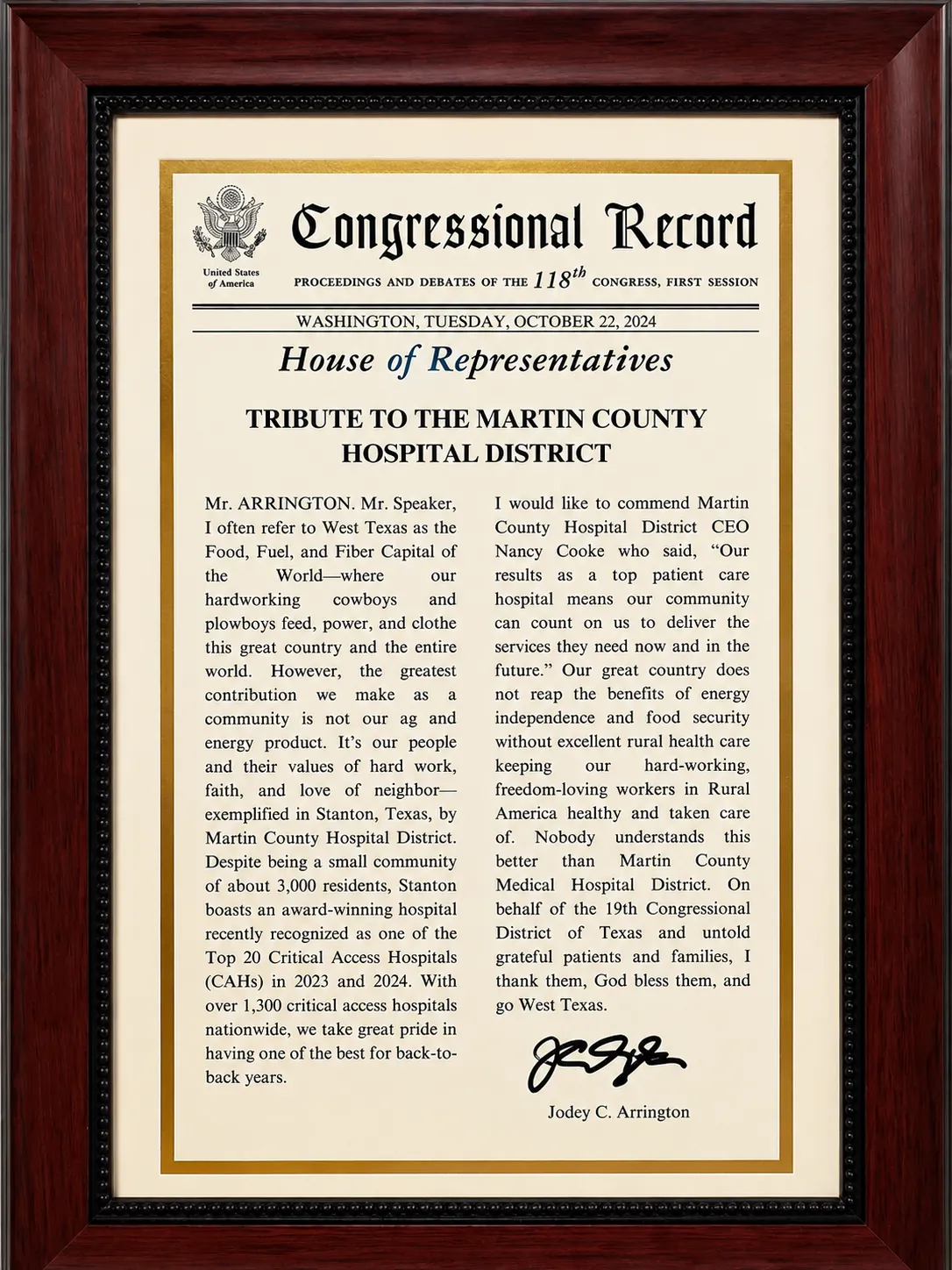 Framed Congressional Record tribute recognizing Martin County Hospital District