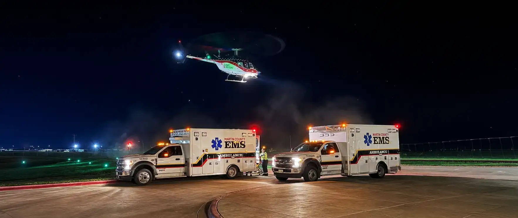 Martin County Hospital District ambulances coordinating with an air ambulance at night