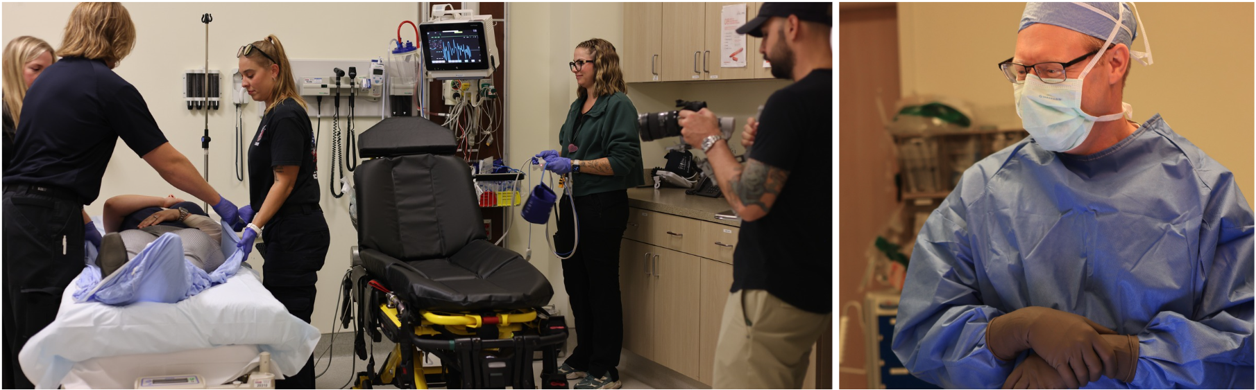 Collage showing MCHD staff in a patient care scene with the production crew and a surgical team member