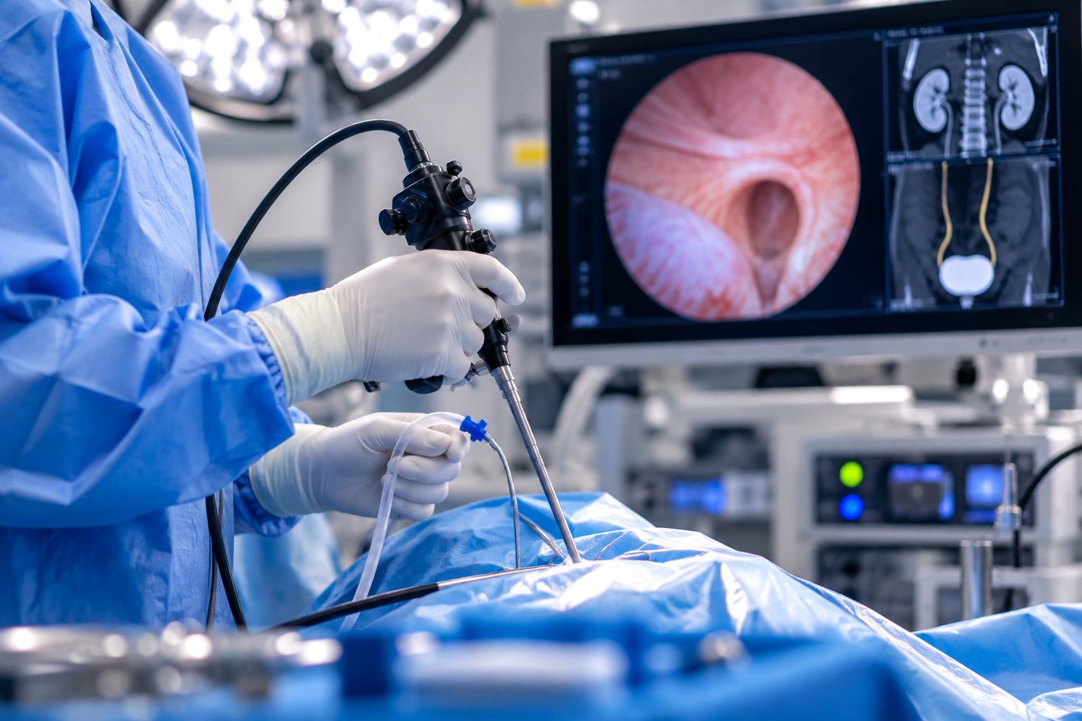Endoscopic urology procedure in the operating room
