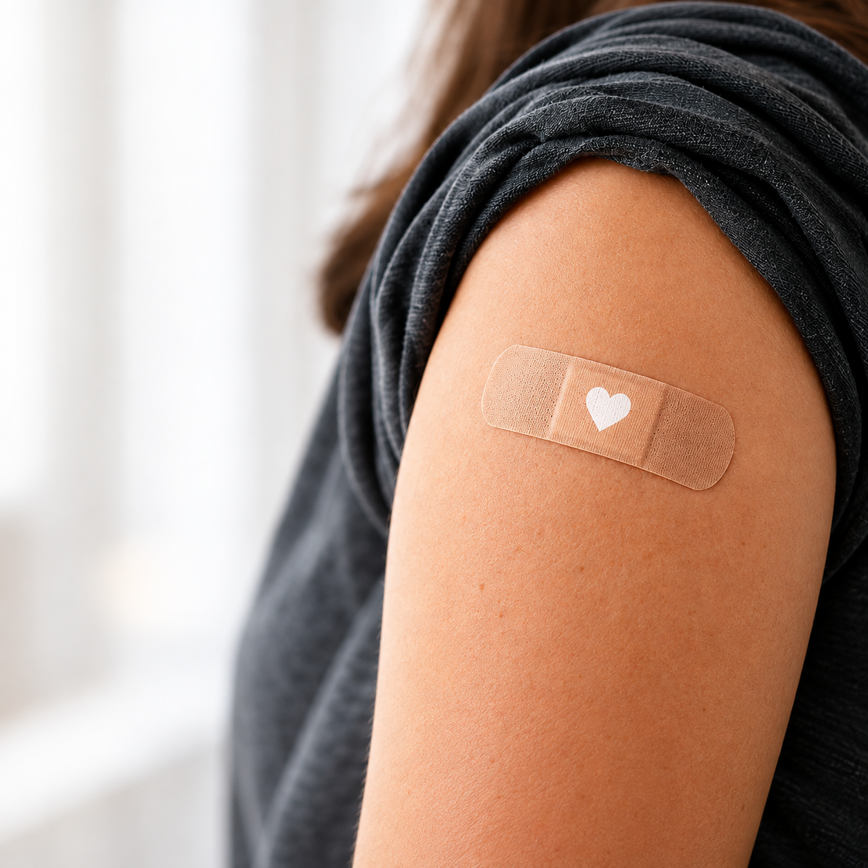 Heart-shaped bandage on an upper arm after a vaccination